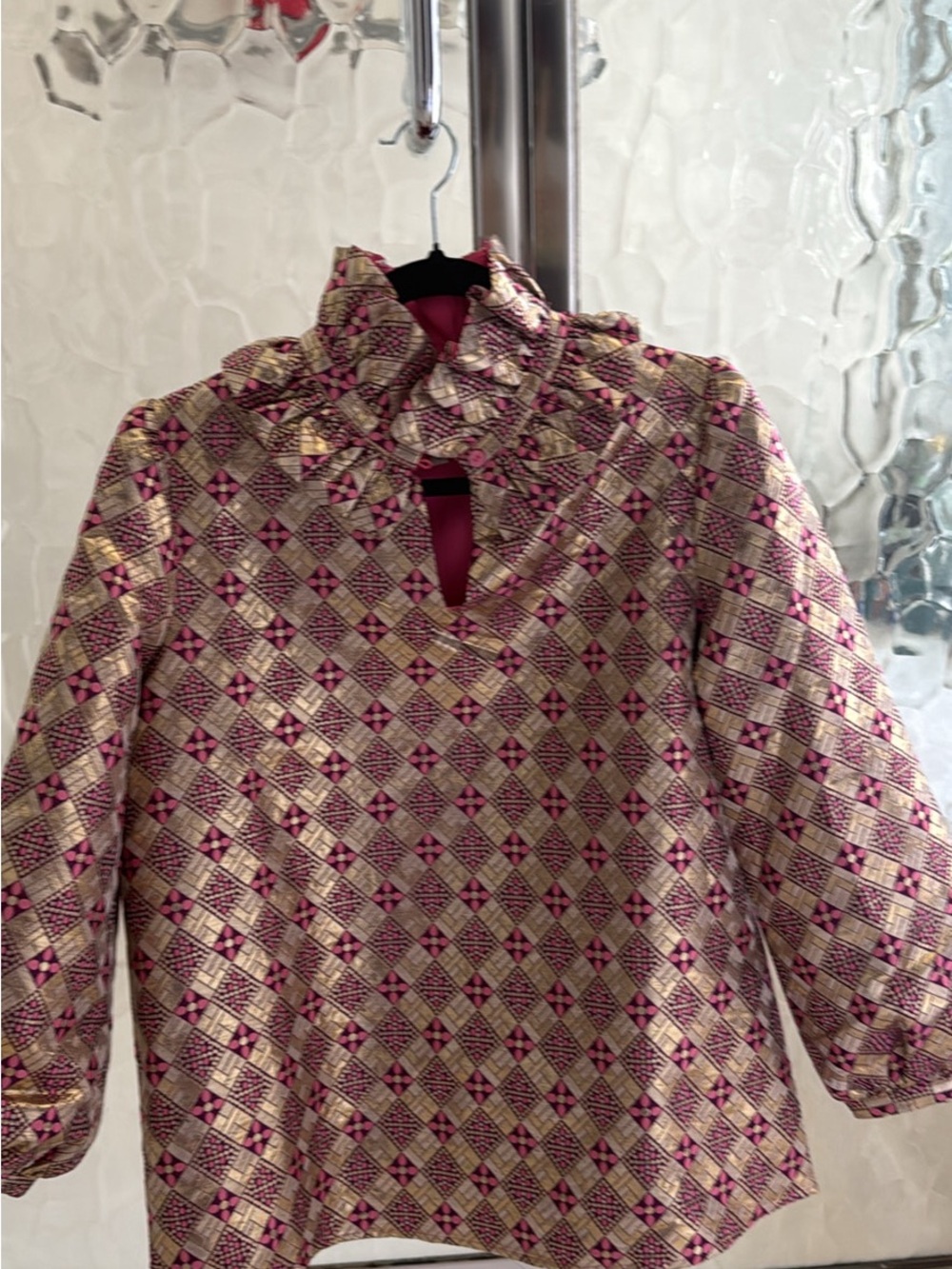 Tuckernuck Pink and Gold Geometric Puff-Sleeve Blouse